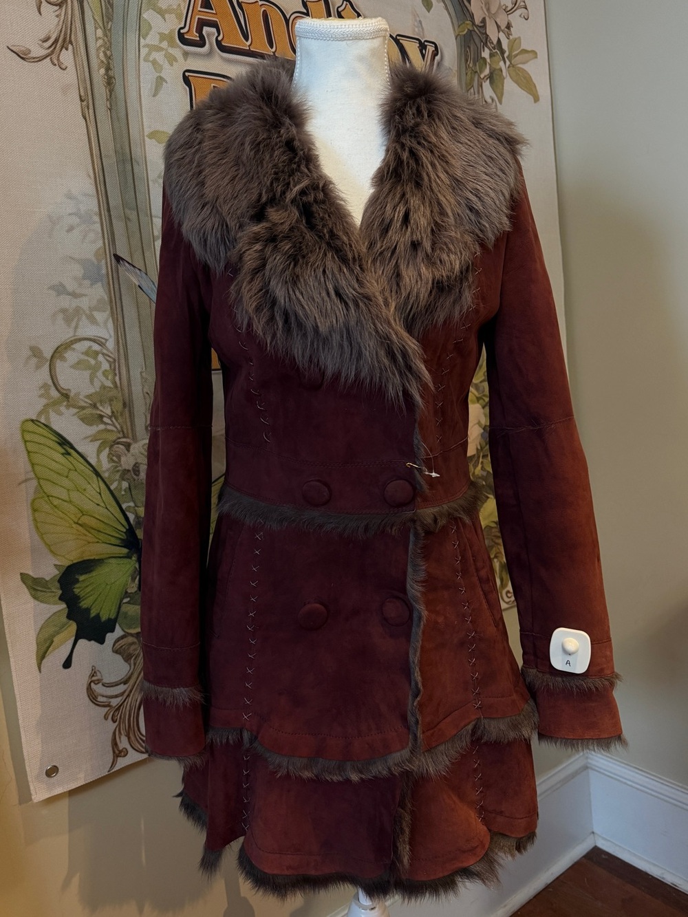 Goat Fur Leather Coat - Burgundy
